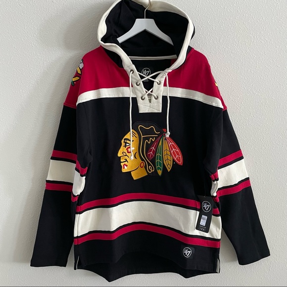 SOLD Chicago Blackhawks Superior '47 Lacer Heavy Fleece Hoodie NHL Size L Men - Picture 2 of 12